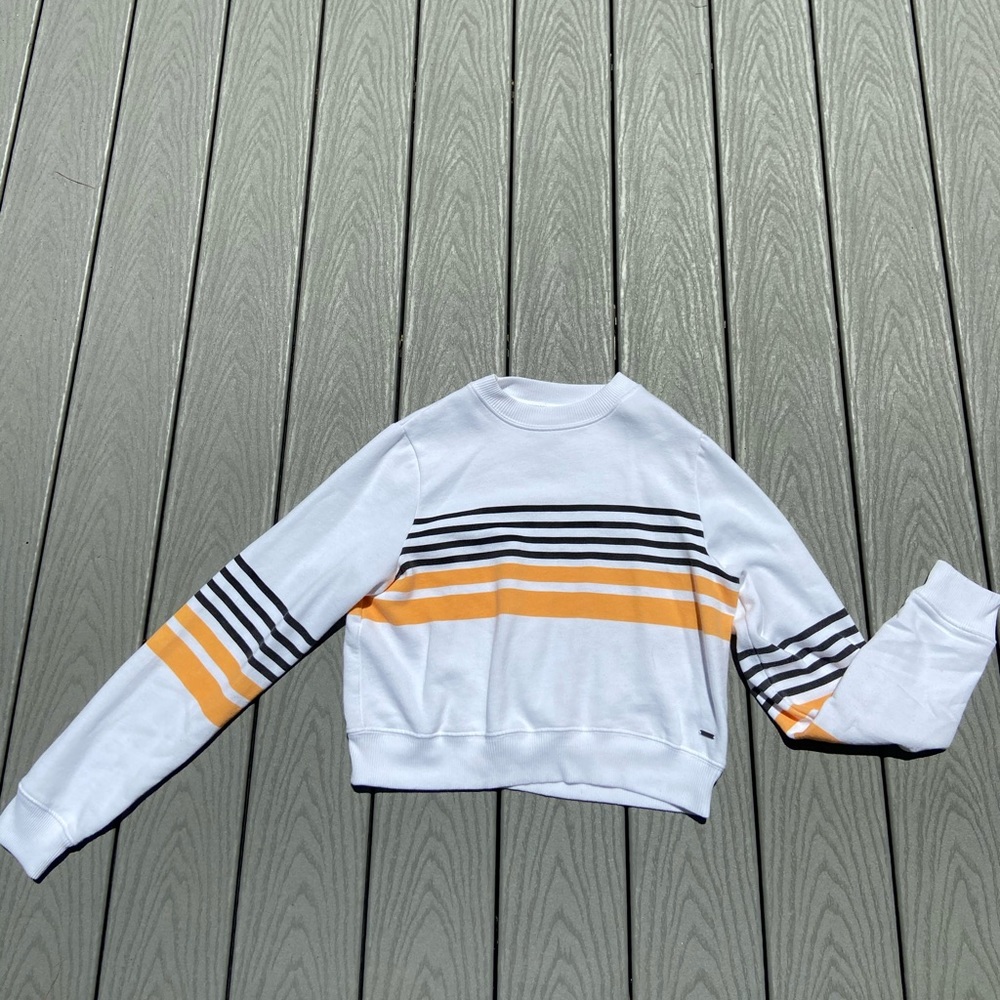 White with yellow and navy blue stripes crop top.